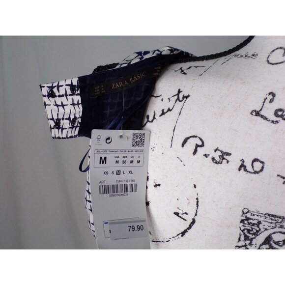 🆕ZARA Cut-Out Back Sleeveless Sheath Dress Navy Blue Off-White Print Medium - Picture 8 of 12